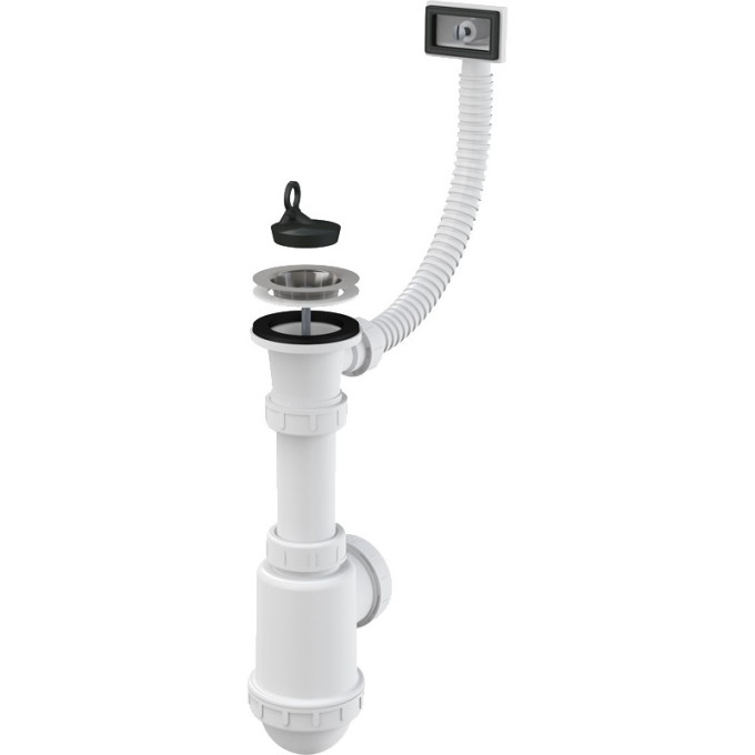 Сифон ALCAPLAST A444-DN50/40 для мойки с нержавеющей решеткой Ø70, гофропереливом, без штуцера