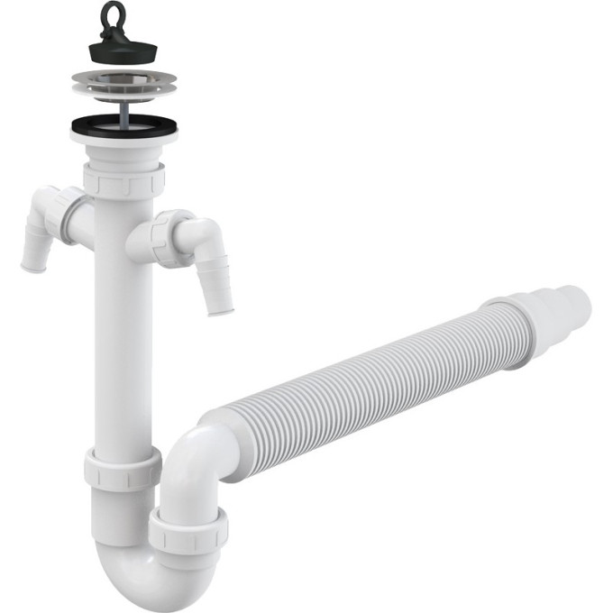 Сифон ALCAPLAST A840-DN50/40 трубчатый с нержавеющей решеткой Ø70 и гофрой, с двумя подводками