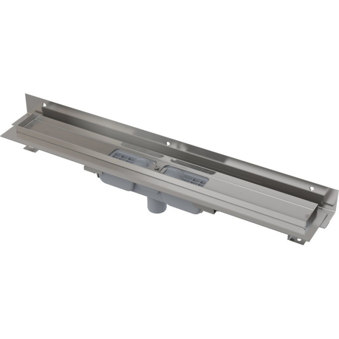 Водоотводящий желоб ALCAPLAST APZ1104-650 FLEXIBLE для перфорированной решетки с регулируемым краем, к стене низкий, вертикальный сток